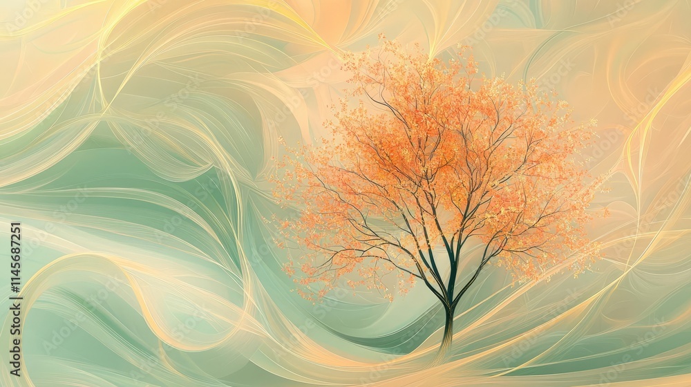 Poster peach tree abstract background idea. a serene abstract representation of a solitary tree in soft pas