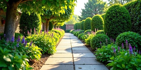 Obraz premium Serene Garden Path with Lush Greenery and Blooming Flowers