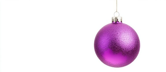 Fototapeta premium Shiny violet Christmas bauble hanging on a white background for festive holiday decoration concepts and seasonal aesthetics