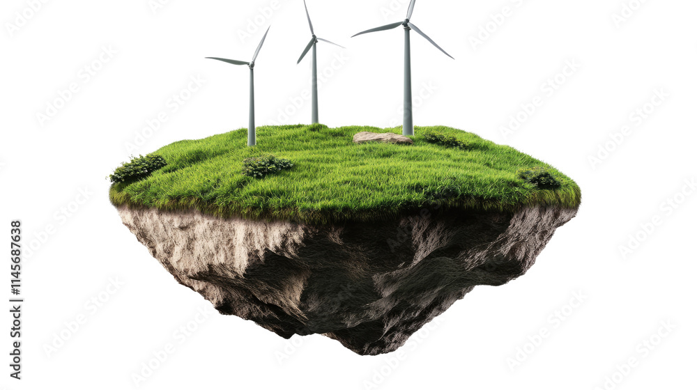 Poster floating island wind farm: a surreal image of a grassy island floating in mid-air, complete with thr