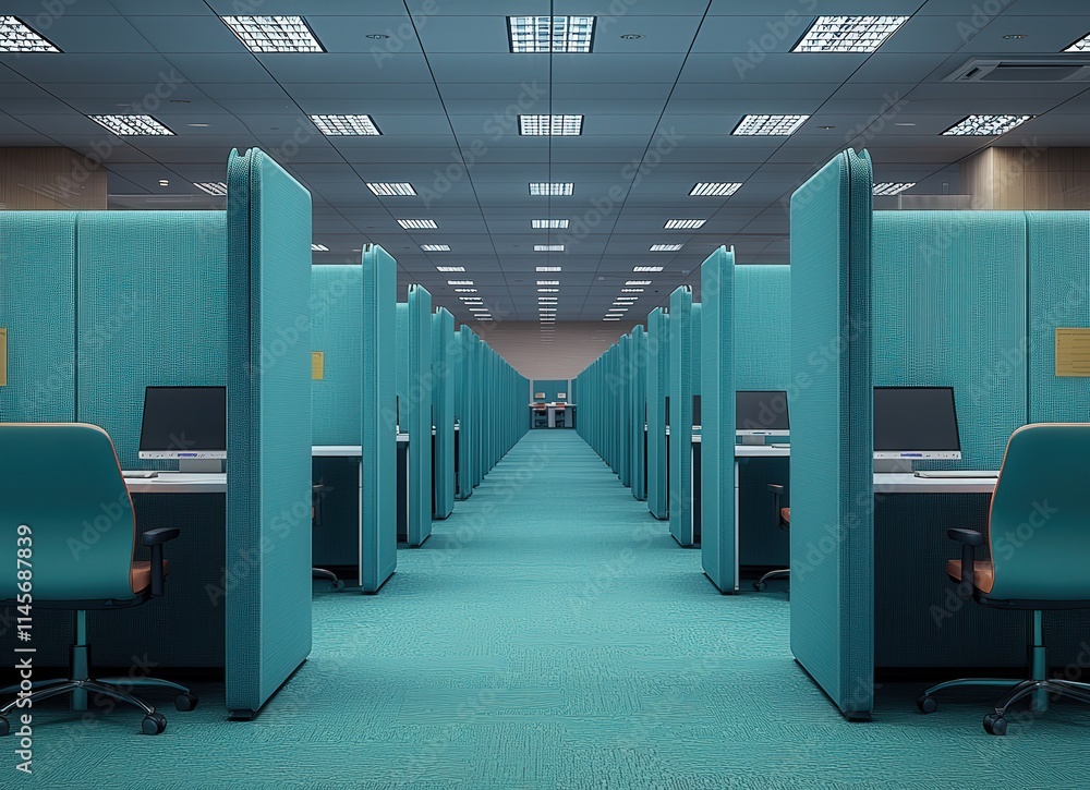 Poster modern teal office cubicles in a long row, creating a perspective effect. ideal for business, techno