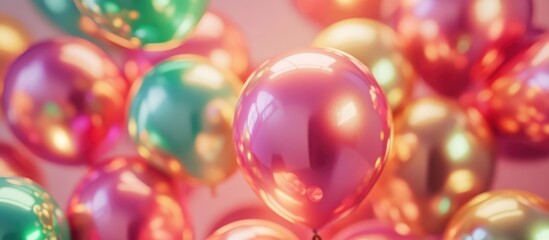 Close-up of colorful balloons in pink, gold, and green creating a festive atmosphere with LED inscription for celebration events.