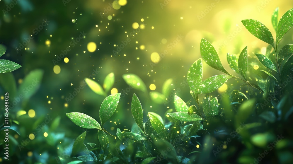 Poster lush green leaves illuminated by soft light with ethereal bokeh for a serene, nature-inspired backgr