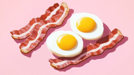 Delicious fried eggs and crispy bacon on a pink background perfect for a healthy breakfast concept or food advertisement