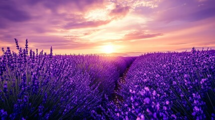 A field of lavender in full bloom under a dramatic sunset sky, wide-angle shot, Dramatic style