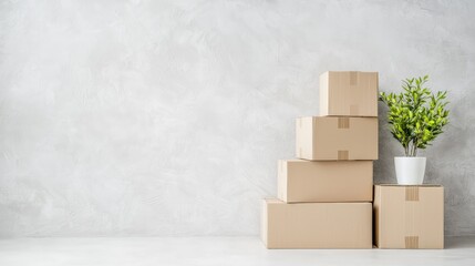 Stacked cardboard boxes and plant against a gray wall.