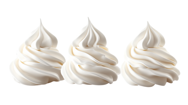 Creamy Delight: Three swirls of whipped cream, pristine and perfect, arranged in a row. A delectable image ideal for dessert menus, food blogs, or culinary projects. 
