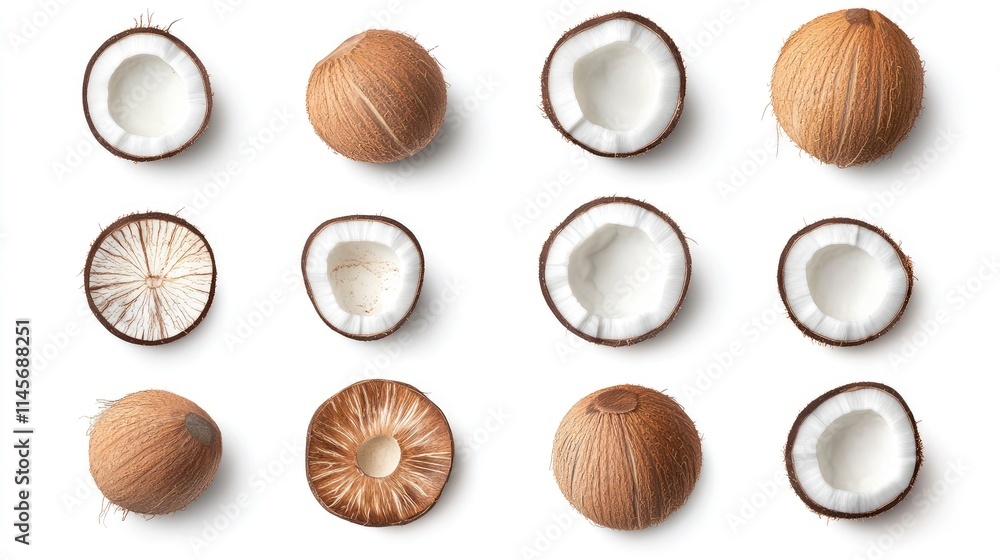 Poster fresh whole and half coconuts with slices arranged on a white background showcasing their textures a