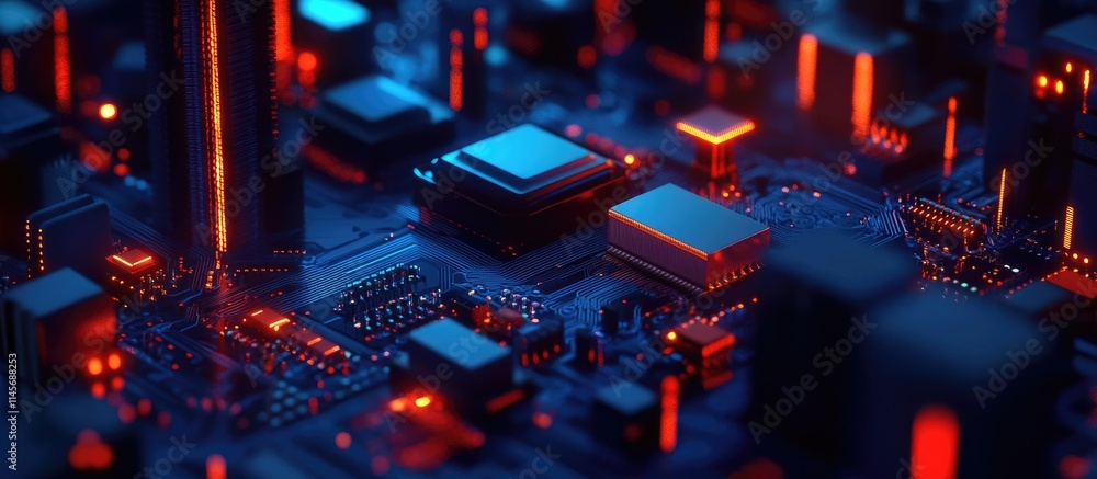 Poster futuristic microcircuit with glowing electronic components illustrating advanced microelectronics ci
