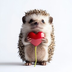 Adorable hedgehog holding heart-shaped flower studio setting high fidelity cute animal concept