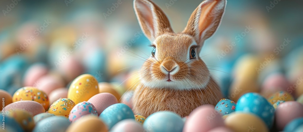 Poster easter bunny surrounded by colorful chocolate eggs in a festive spring setting with a soft focus bac