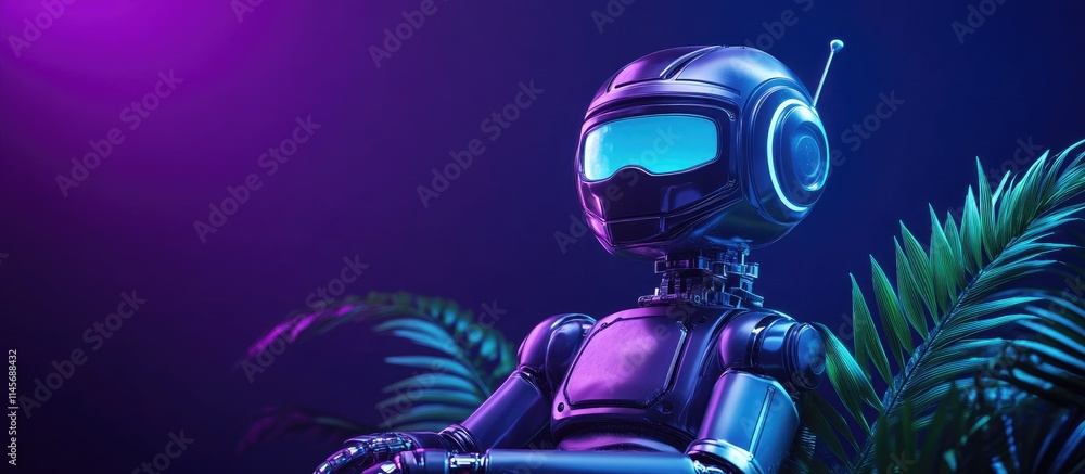 Poster futuristic ai robot with glowing visor and sleek design amidst vibrant neon lights representing adva