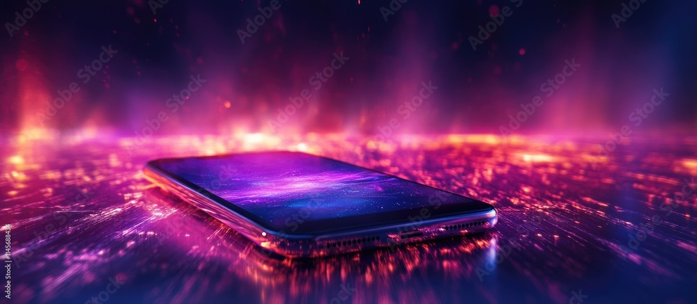 Poster double exposure of a smartphone amid vibrant colors representing technology and visualization concep