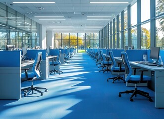 Modern, bright office space with blue desks and chairs, large windows, and natural light. Ideal for corporate, business, and workspace concepts.