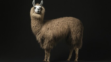 Obraz premium Peruvian Llama with thick fur and raised leg posed artistically against a solid black background for striking visual impact.