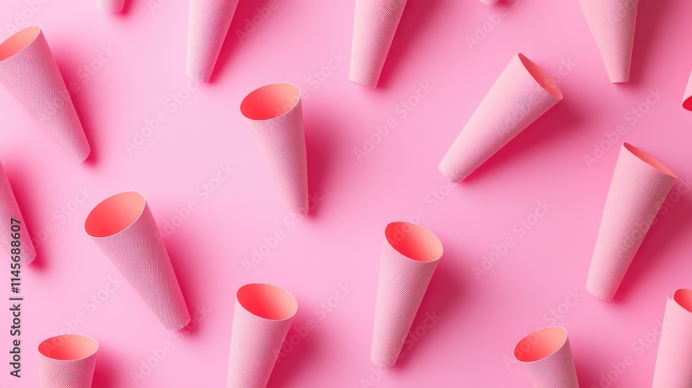 Poster pink background with scattered empty cone wafers creating a vibrant and playful visual perfect for d