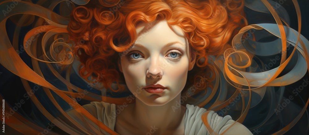 Poster captivating portrait of a woman with vibrant curls and an enigmatic expression surrounded by flowing