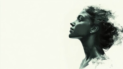 Fototapeta premium Silhouette of a woman with artistic smoke elements in profile against a clean white background symbolizing strength and elegance