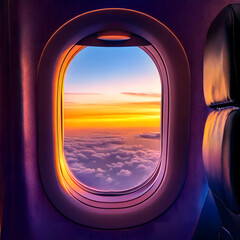 Airplane porthole in the evening ambient atmosphere with clouds sunset visible through window