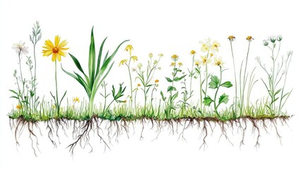 Fototapeta premium Illustration of diverse grass roots and wildflowers separated by white background showcasing natural beauty and ecological diversity.