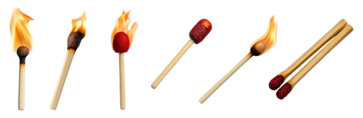 Set of burning matches isolated on transparent background
