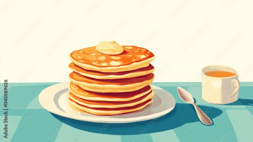 Poster delicious stack of fluffy pancakes with butter served on a plate with a cup of tea on a colorful tab