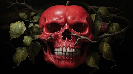 Red skull adorned with fruit and foliage, symbolizing the contrast between life and death, evoking a surreal and artistic theme.