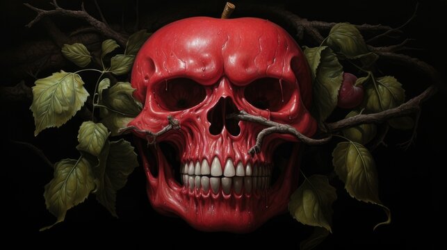 Red skull adorned with fruit and foliage, symbolizing the contrast between life and death, evoking a surreal and artistic theme.