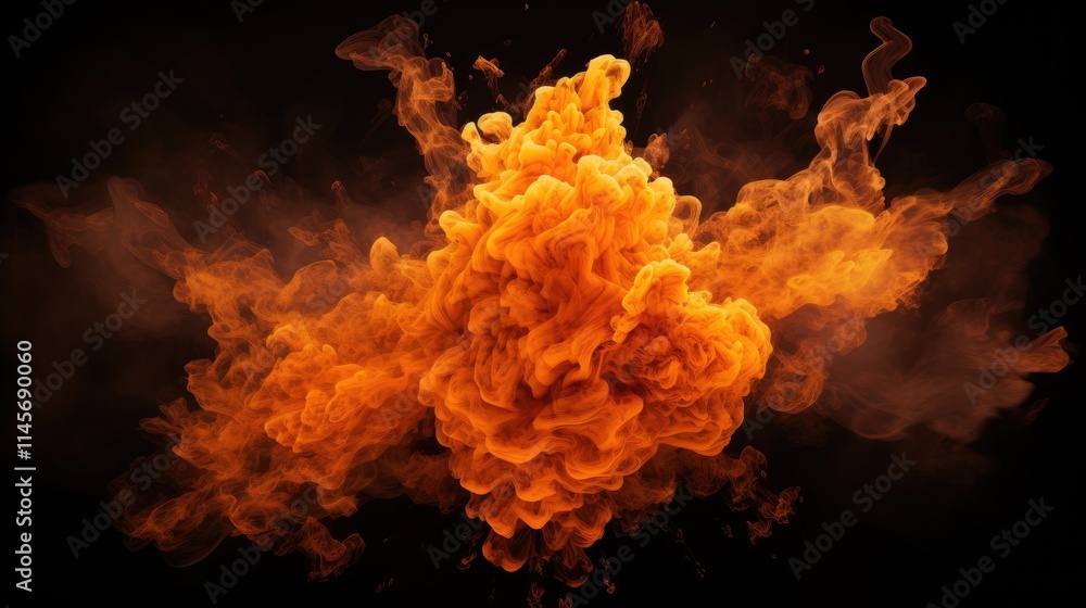 Poster intense orange explosion with swirling smoke clouds on a black background creating a dramatic and fi