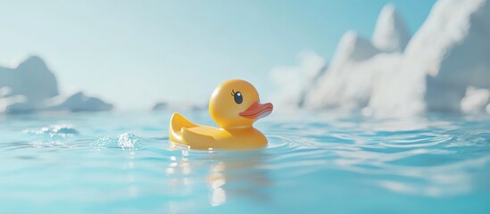 Yellow rubber duck toy floating serenely on sparkling blue water in a bright colorful swimming pool setting