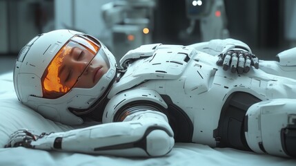 A humanoid figure in a futuristic sleep state.