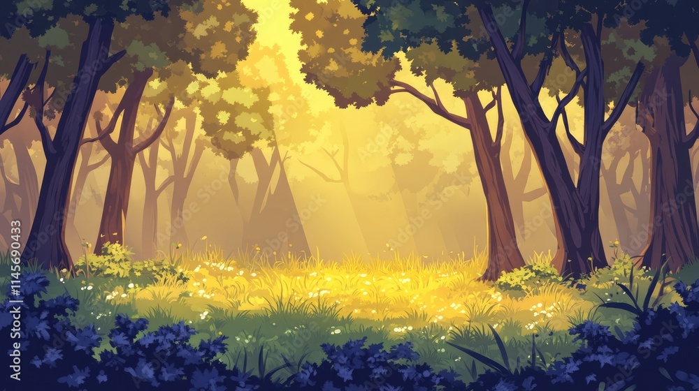 Poster lush forest background featuring tree trunks and branches with soft sunlight filtering through creat