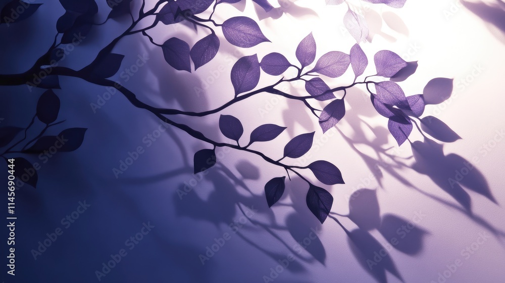 Poster silhouette of branches with violet leaves casting shadows on a surface creating a tranquil and artis