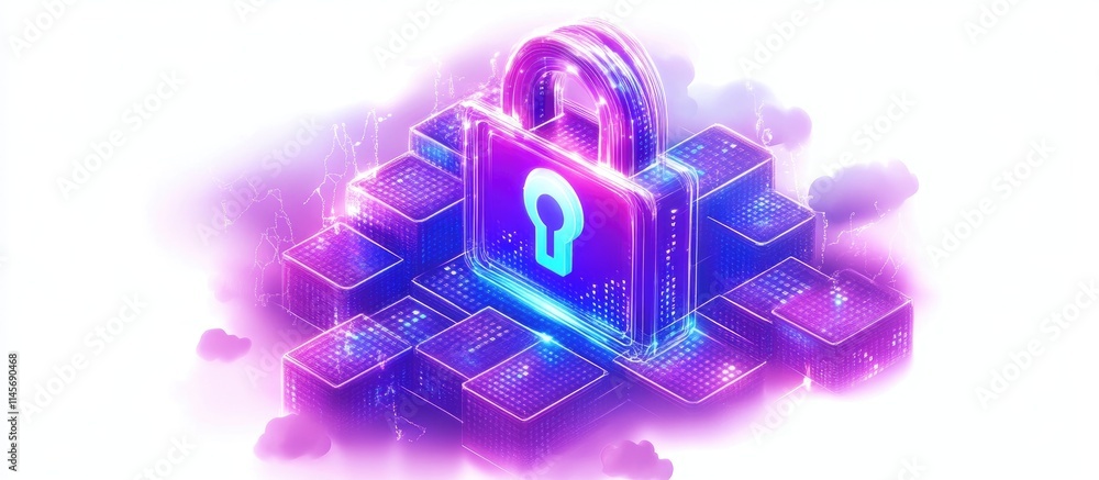Poster cybersecurity concept featuring a glowing padlock icon on a digital network background symbolizing d