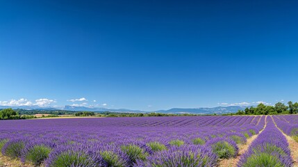 Naklejka premium A field of lavender in Provence under a clear blue sky, wide-angle shot, Travel style