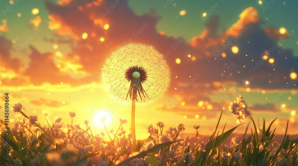 Poster dandelion silhouette glowing in sunset with vibrant sky and soft bokeh effect creating a serene natu