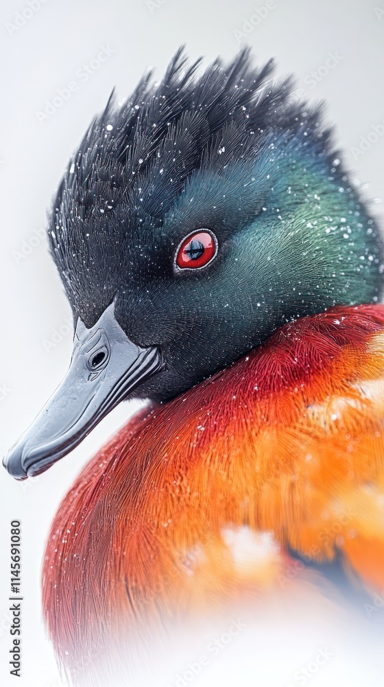 Poster close-up of a colorful duck with striking features and water droplets on its feathers.