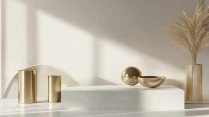 Minimalist Golden Decor Still Life: Elegant Gold Accents on White Platform with Pampas Grass