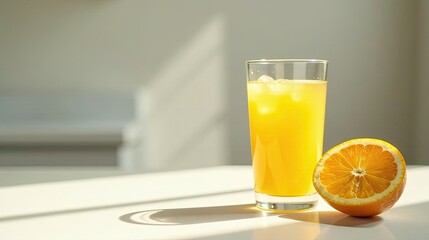 Refreshing Citrus Beverage with Ice Cubes in a Glass and a Sliced Orange on a Table