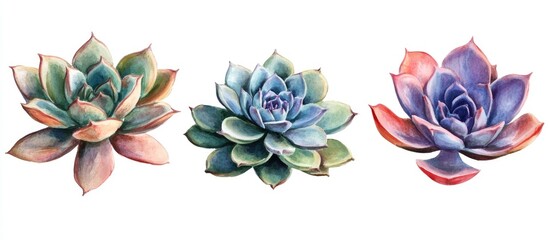 Colorful succulent flowers displayed on a clean white background showcasing natural beauty and botanical artistry for floral design concepts.