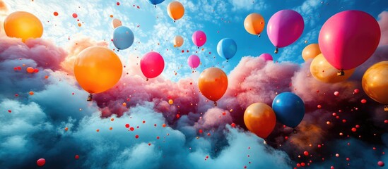 Vibrant multicolored balloons floating amidst fluffy clouds in a bright blue sky environment capturing a sense of joy and celebration.
