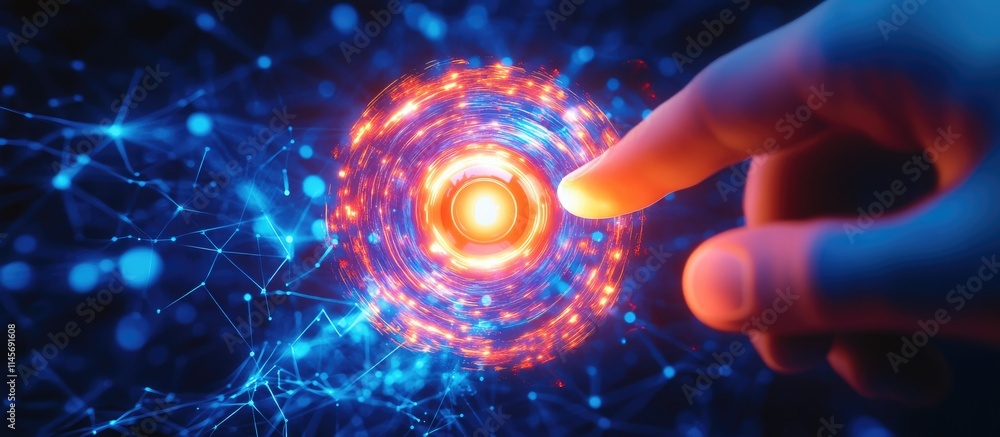 Poster finger about to touch glowing digital interface symbolizing technology activation and innovation in 