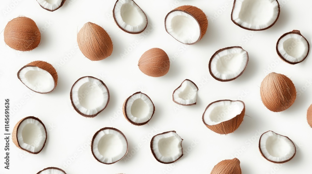 Poster fresh whole and halved coconuts with slices and coconut shells arranged on a white background in an 
