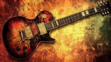 A beautifully designed electric guitar with a rich wood finish, set against a colorful backdrop.