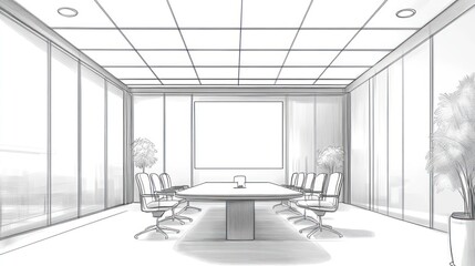 Modern Conference Room Sketch:  A grayscale architectural rendering of a sleek, contemporary boardroom featuring large windows, a long conference table, and potted plants.