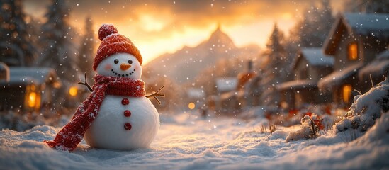 Obraz premium Charming snowman in a cozy village setting during winter sunset with illuminated cottages and falling snowflakes in the background.