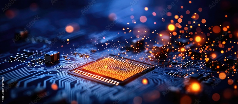 Poster close up view of a circuit board displaying microchips and electronic components with glowing elemen