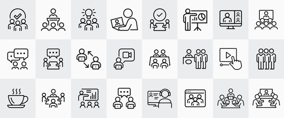 Business Convention, Business Conference, Business People, Audience, Presenter, Attendees, Vendors, Networking, Convention And Seminar Thin Line Icons