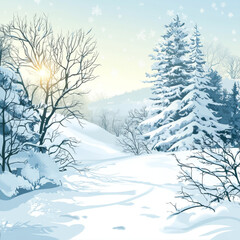 Obraz premium Winter Wonderland Snowy Landscape Illustration