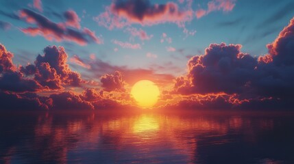 Fototapeta premium vibrant sunset reflecting on calm water with dramatic clouds illuminating the sky in shades of orange pink and blue at dusk